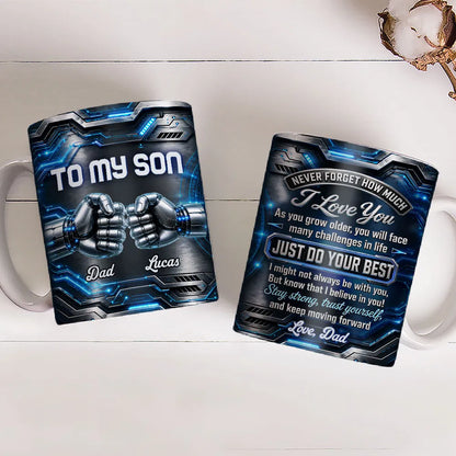 Personalized Mug with Futuristic Robot Fist Bump, Stay Strong Quote, Unique Gift for Son