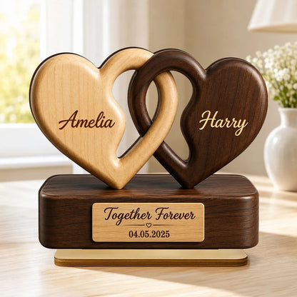 Personalized 2-Layer Wooden Plaque, Interlocking Hearts in Warm Tones, Unique Gift for Couple