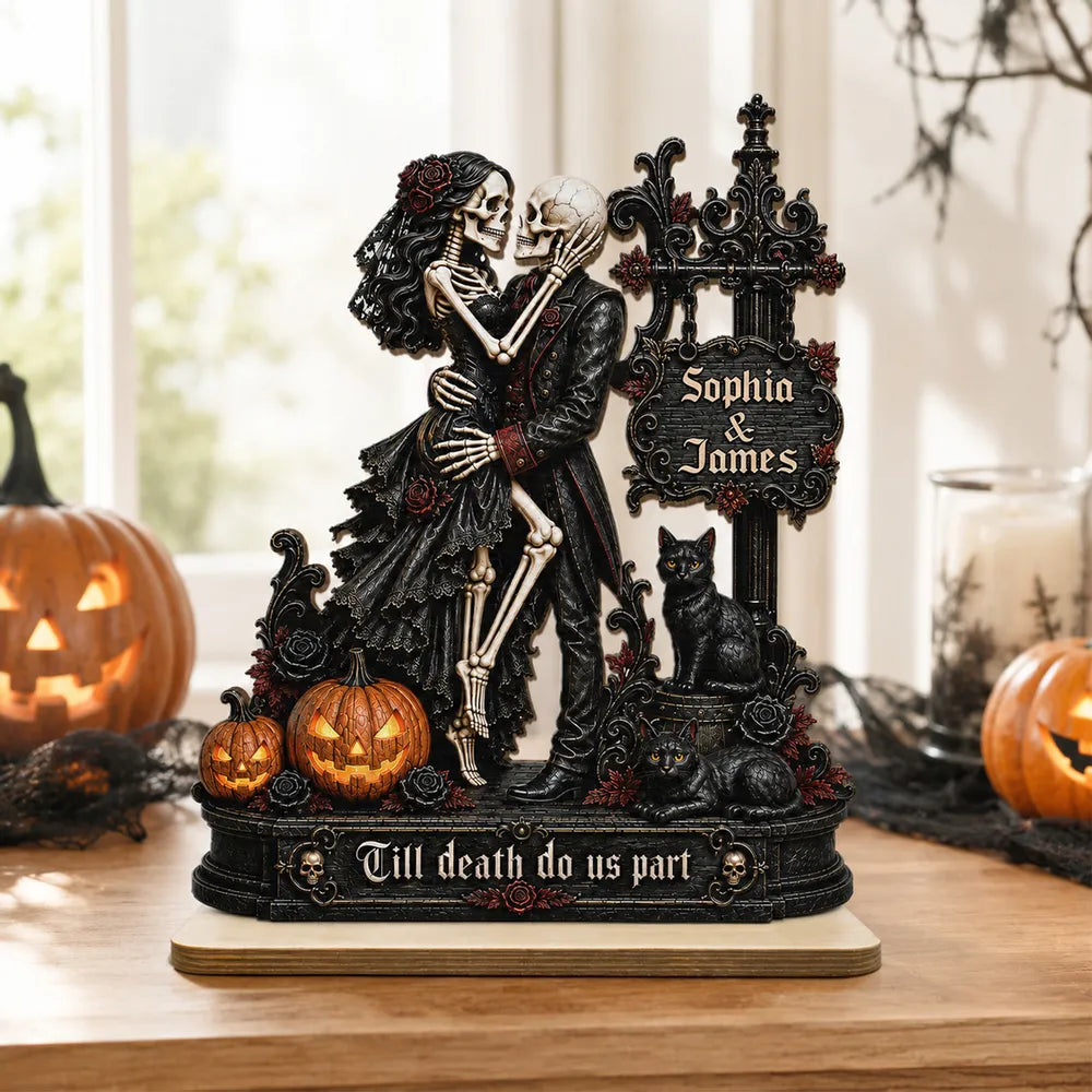 Personalized 2-Layer Wooden Plaque, Skeleton Couple Kissing Halloween Decor, Unique Gift for Couples