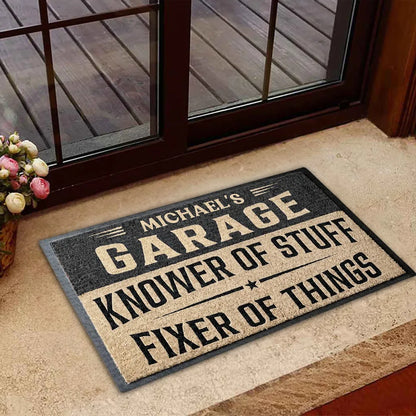 Standard Doormat, Personalized Garage Knower of Stuff Design, Rustic Entry Decor, Unique Creative Gift