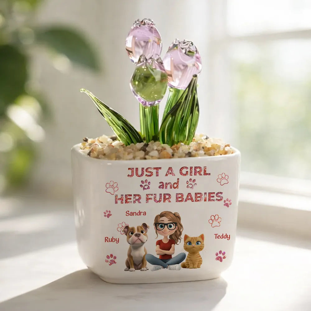 Personalized Square Glass Planter, Pink Tulips With Girl & Fur Babies, Unique Gift For Pet Mom