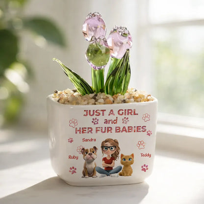 Personalized Square Glass Planter, Pink Tulips With Girl & Fur Babies, Unique Gift For Pet Mom