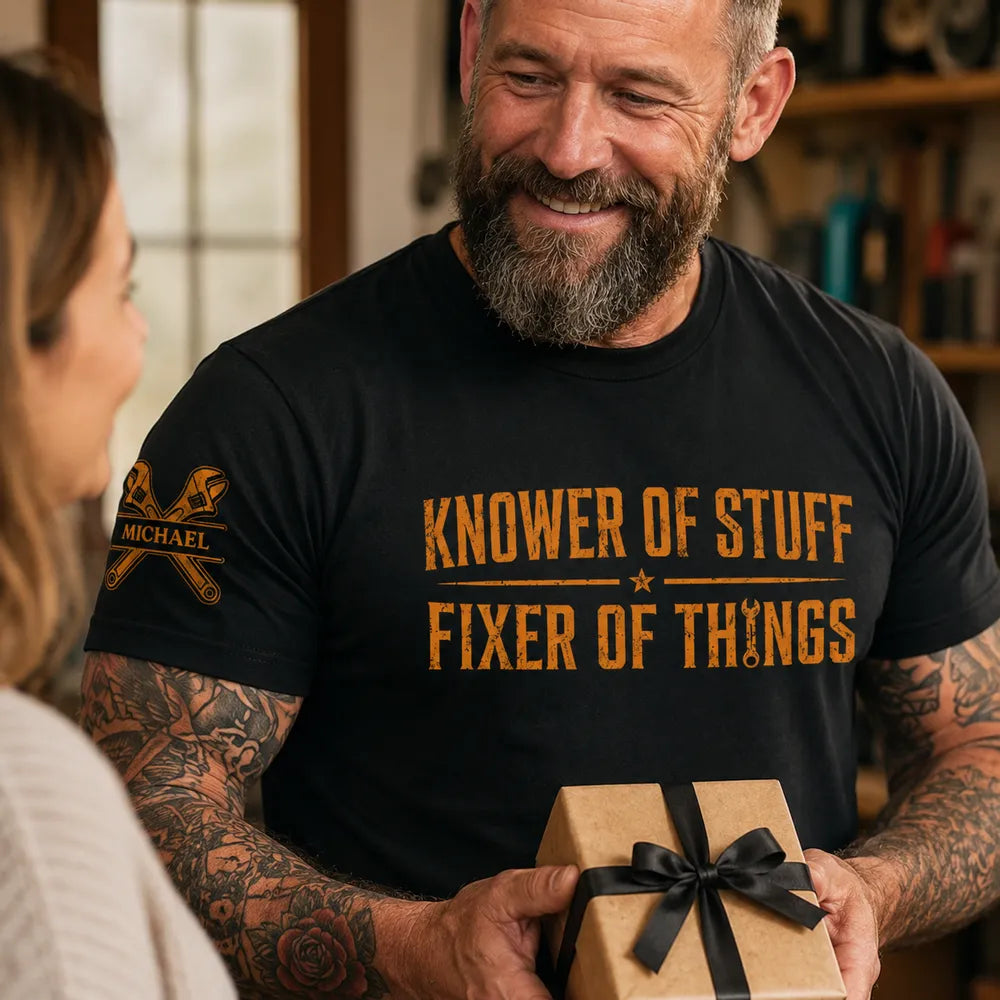 Personalized Dual Print Classic Tee, Knower of Stuff Fixer of Things, Unique Gift for DIY Fixers