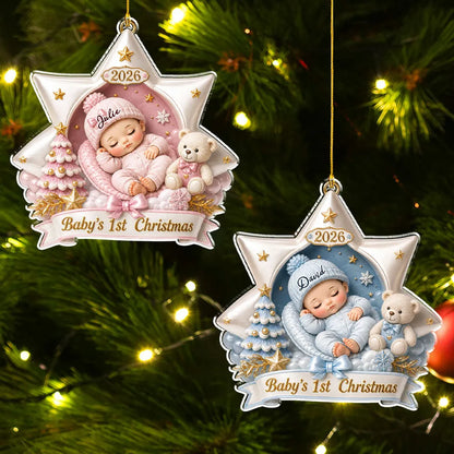 Personalized Acrylic Ornament, Sleeping Baby and Teddy Bear in Soft Pastels, Unique First Christmas Gift for New Parents