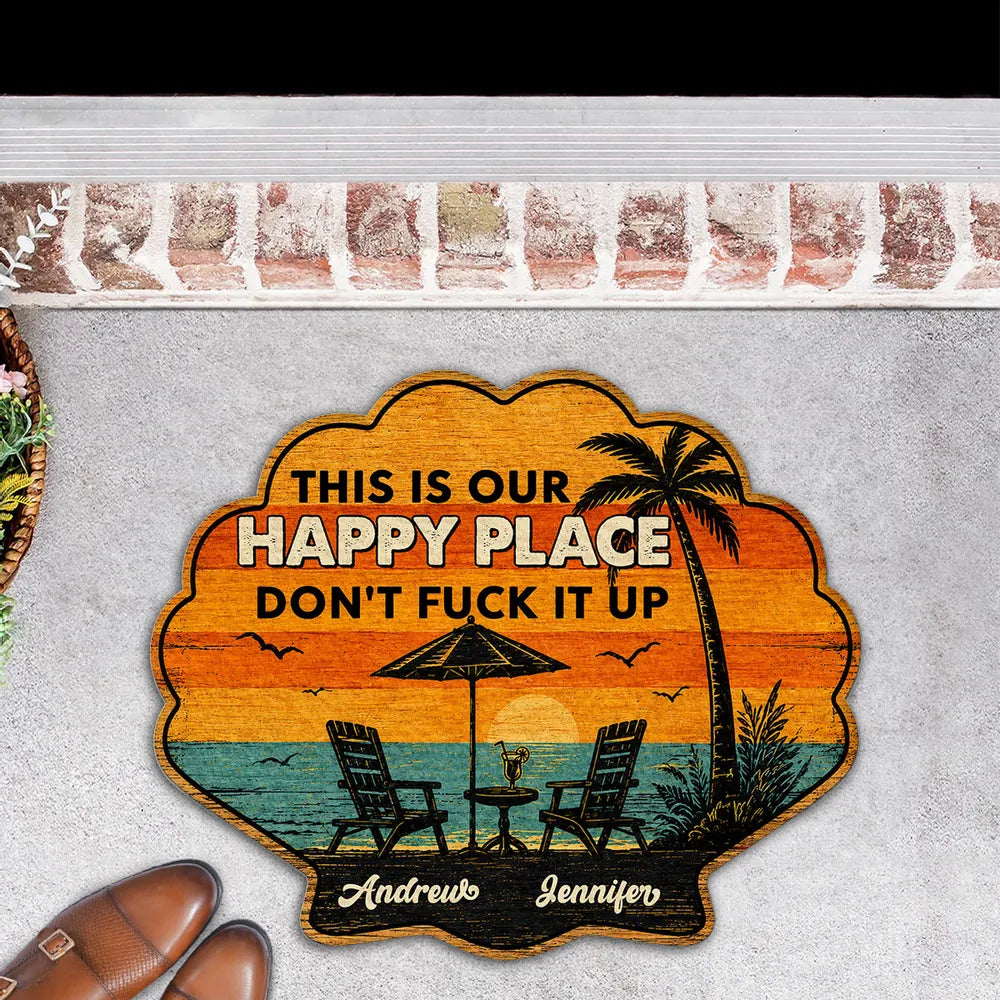 Personalized Shaped Doormat, Tropical Sunset Happy Place, Unique Creative Gift for Couples