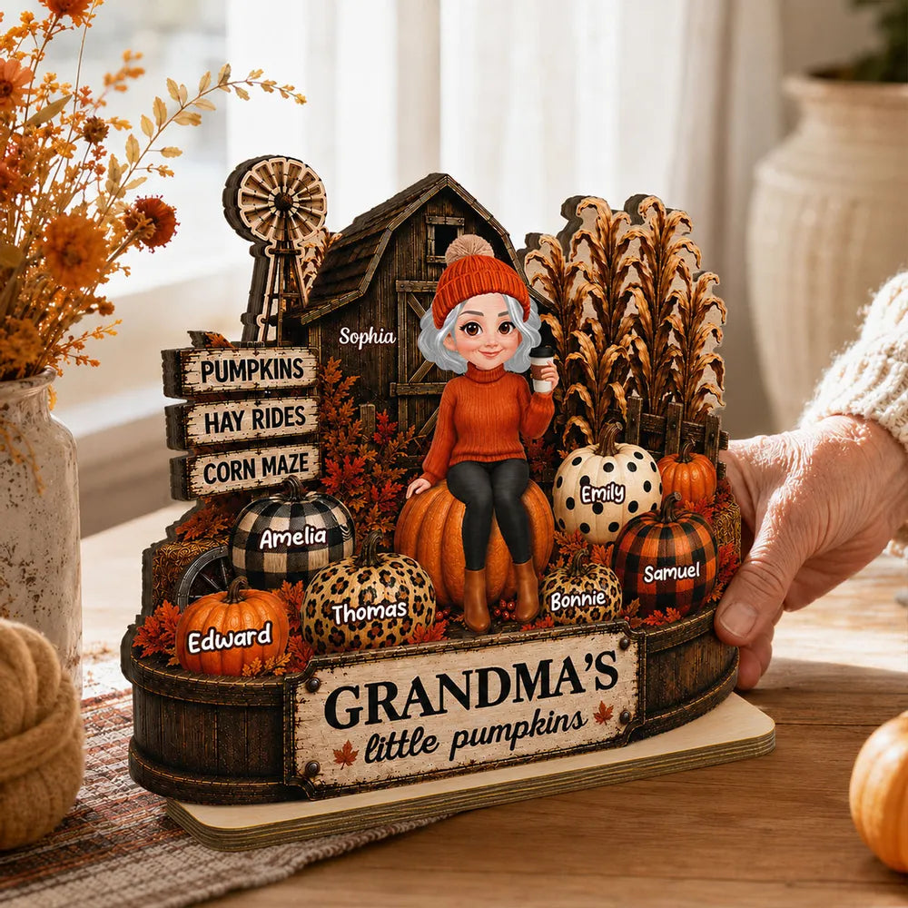 Personalized 2-Layer Wooden Plaque, Grandma Holding Coffee in Warm Autumn Farm Scene, Unique Gift