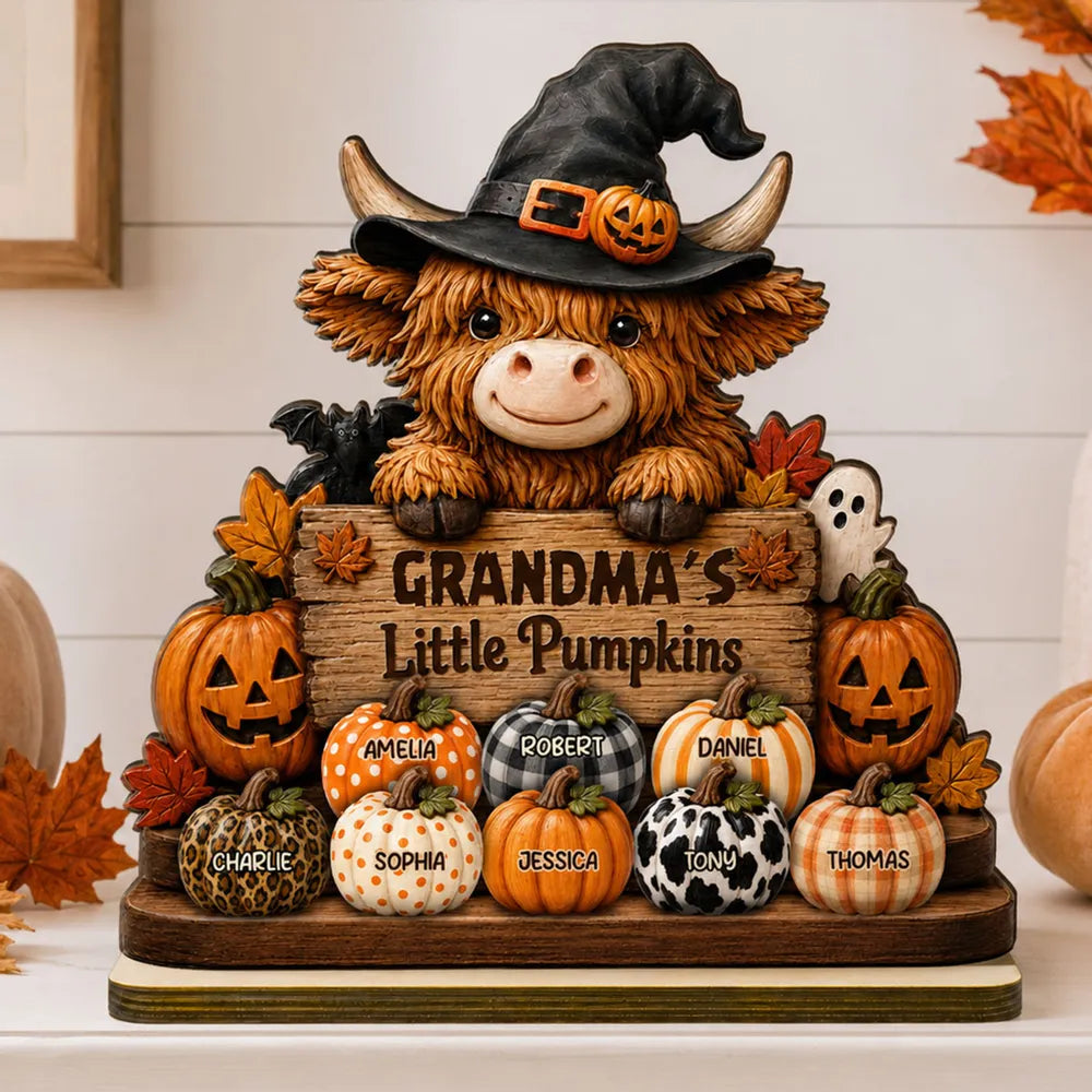 Personalized Highland Cow 2-Layer Wooden Plaque, Grandma's Little Pumpkins Fall Decor, Unique Gift for Grandma
