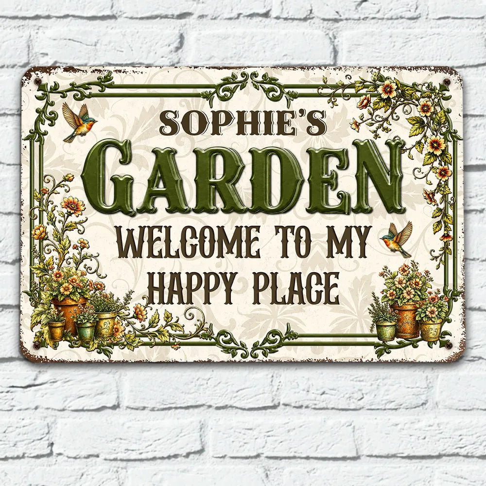 Personalized Rectangular Iron Sign, Vintage Garden Welcome Decor with Hummingbirds, Unique Gift for Garden Lover