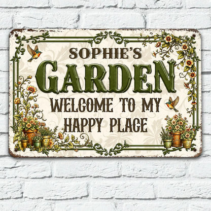 Personalized Rectangular Iron Sign, Vintage Garden Welcome Decor with Hummingbirds, Unique Gift for Garden Lover