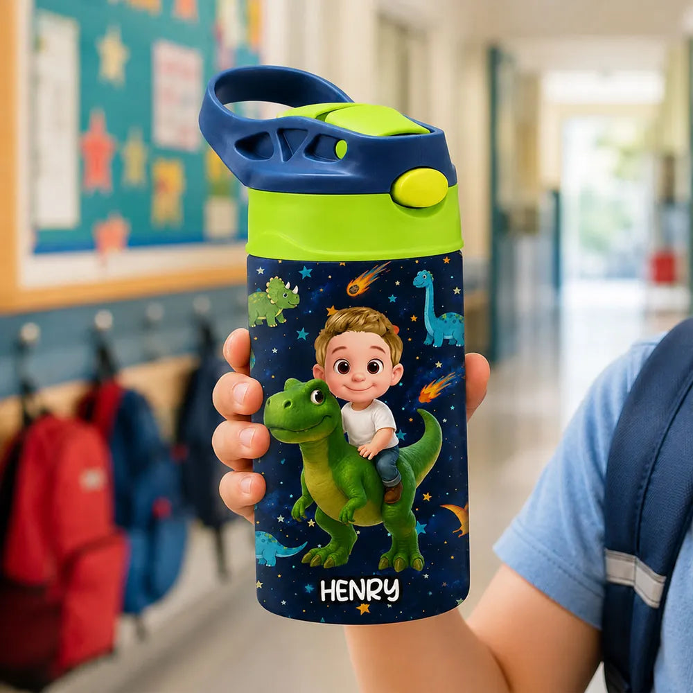 Personalized Kids Water Bottle, Cartoon Child Riding Dinosaur, Unique Creative Gift for Kids at School