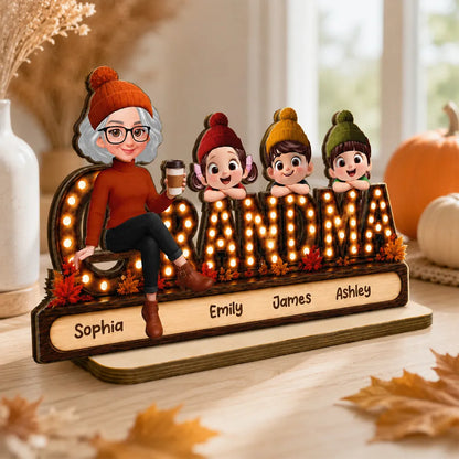 Personalized Wooden Plaque, Grandma with Grandkids Leaning on Marquee Letters, Creative Heartfelt Gift for Grandma