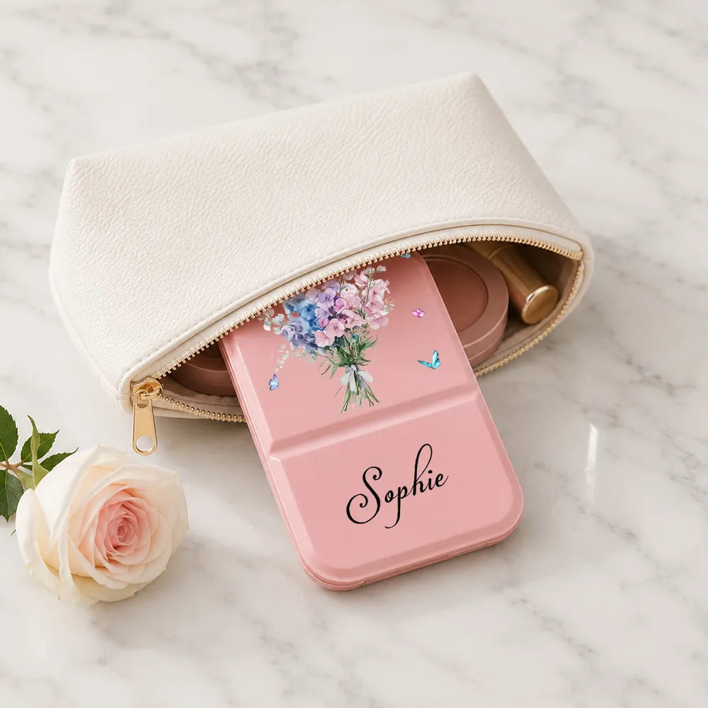 Personalized Birth Month Flower Leather Folding Makeup Mirror, Pastel Botanical Unique Gift for Her
