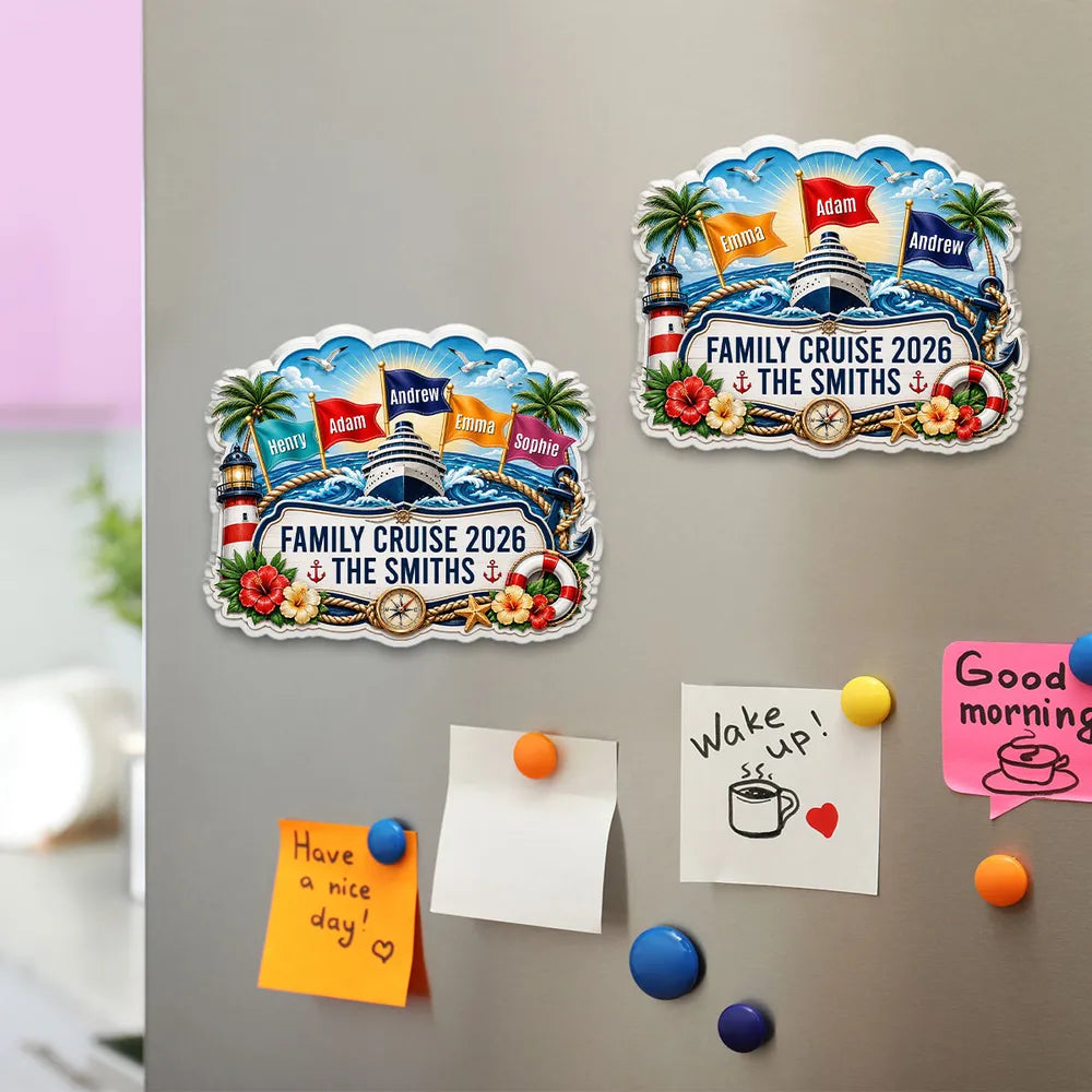 Personalized Acrylic Magnet, Sunrise Family Cruise Nautical Art, Unique Gift for Family Travelers