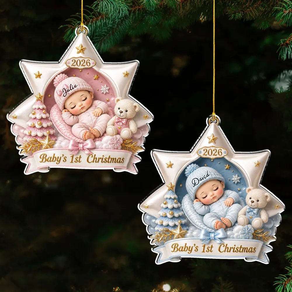 Personalized Acrylic Ornament, Sleeping Baby and Teddy Bear in Soft Pastels, Unique First Christmas Gift for New Parents