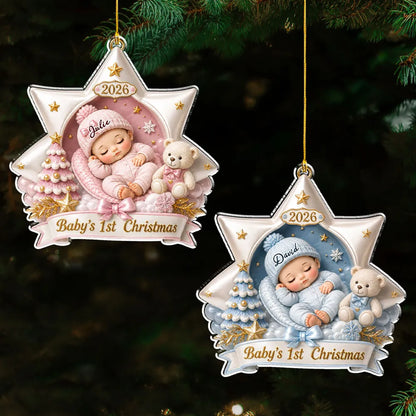 Personalized Acrylic Ornament, Sleeping Baby and Teddy Bear in Soft Pastels, Unique First Christmas Gift for New Parents