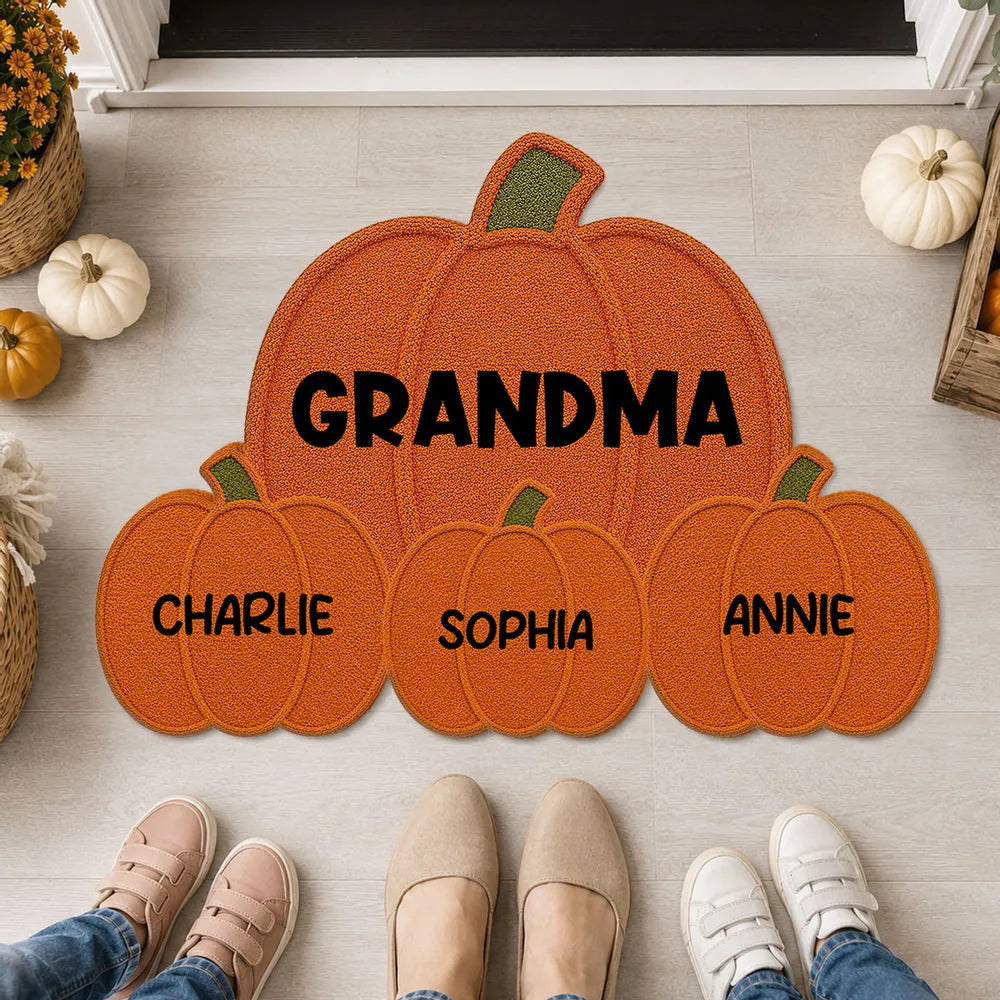 Personalized Pumpkin Shaped Doormat for Grandma, Unique Fall Entryway Gift with Little Pumpkins