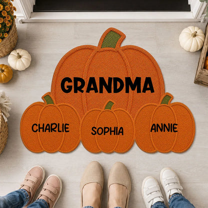 Personalized Pumpkin Shaped Doormat for Grandma, Unique Fall Entryway Gift with Little Pumpkins