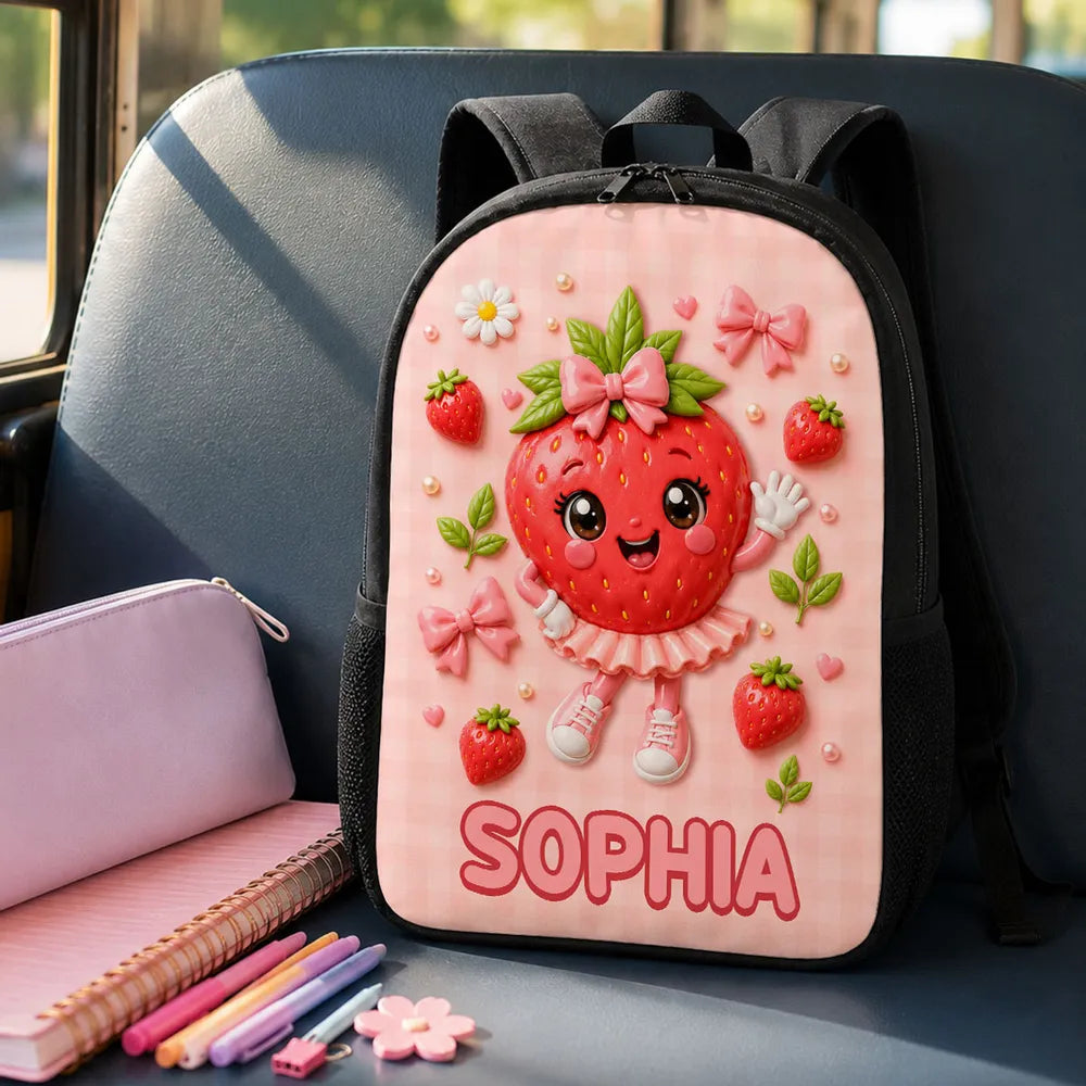 Personalized Kids School Backpack, Strawberry & Banana Cartoon Design, Unique Creative Gift for Kids