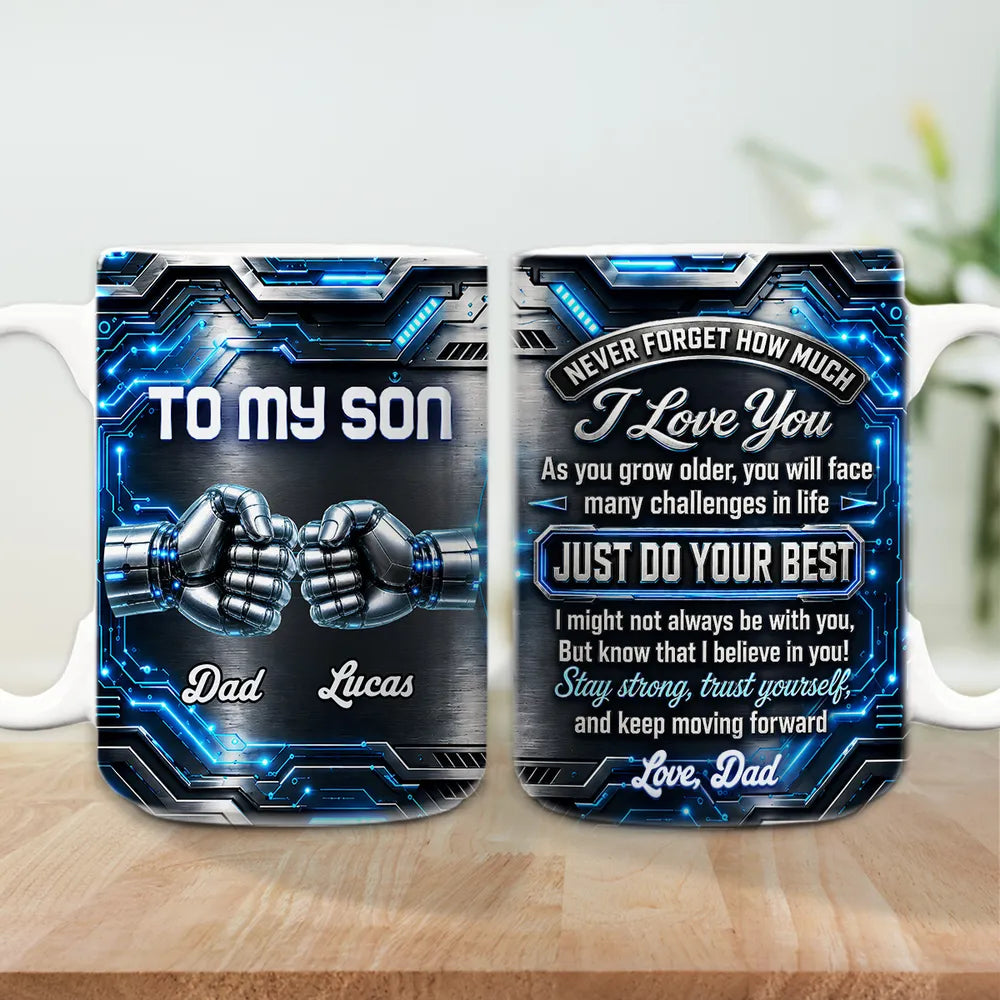 Personalized Mug with Futuristic Robot Fist Bump, Stay Strong Quote, Unique Gift for Son