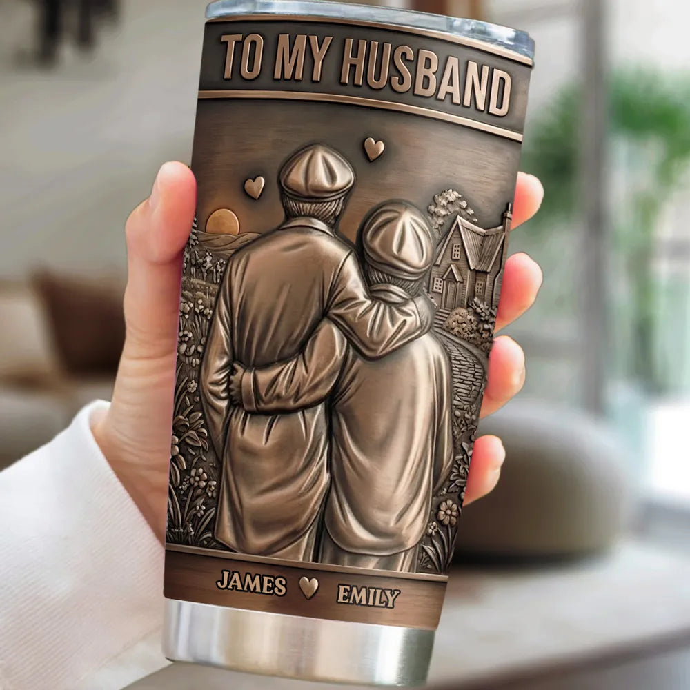 Personalized Insulated Travel Tumbler for Husband, Embracing Couple Sunset Art Unique Gift