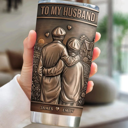 Personalized Insulated Travel Tumbler for Husband, Embracing Couple Sunset Art Unique Gift
