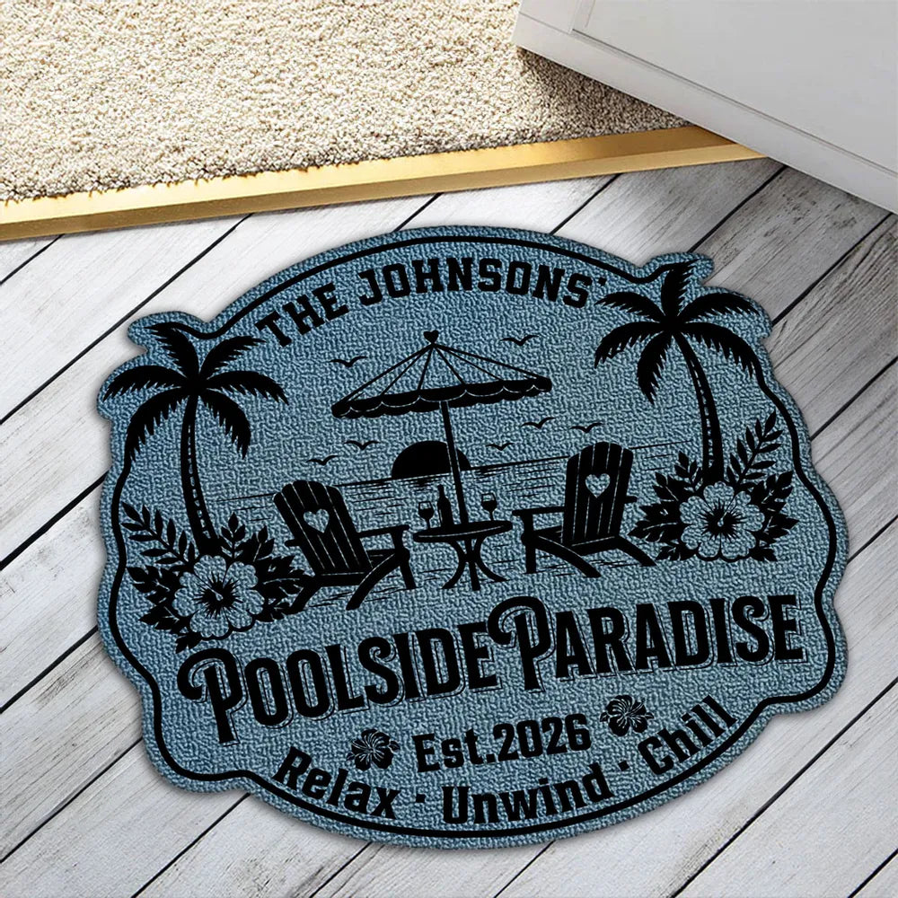 Personalized Shaped Doormat, Poolside Paradise Design, Unique Gift for Pool Owners & Families