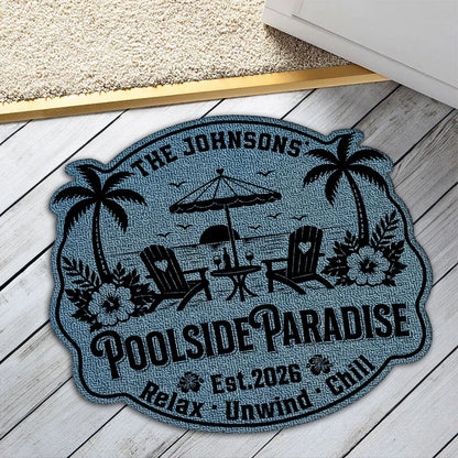 Personalized Shaped Doormat, Poolside Paradise Design, Unique Gift for Pool Owners & Families