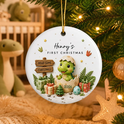 Personalized Ceramic Ornament With Cute Baby Dinosaur, Unique First Christmas Keepsake Gift for Baby