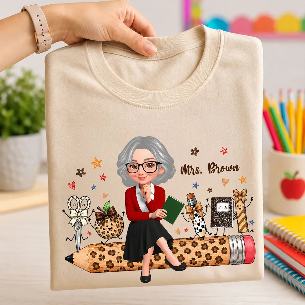 Personalized Teacher Classic Tee, Leopard Pencil & School Supplies, Unique Gift for Back to School
