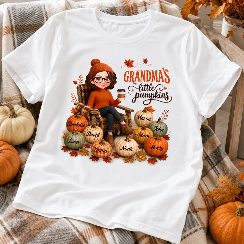 Personalized Classic Tee, Seated Grandma Holding Coffee with Pumpkins, Unique Gift for Grandma