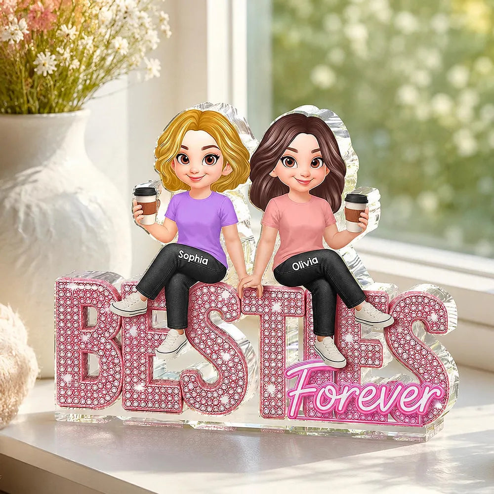 Personalized Shaped Acrylic Block Plaque, Friends Sharing Coffee, Pink Besties Forever, Unique Gift for Best Friend