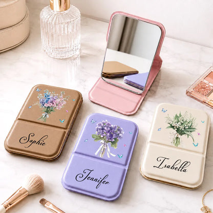 Personalized Birth Month Flower Leather Folding Makeup Mirror, Pastel Botanical Unique Gift for Her