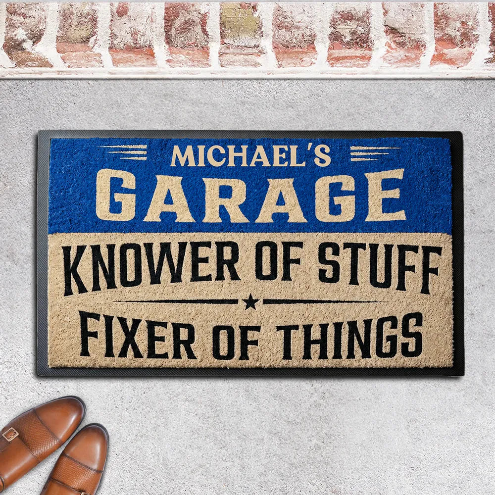 Standard Doormat, Personalized Garage Knower of Stuff Design, Rustic Entry Decor, Unique Creative Gift