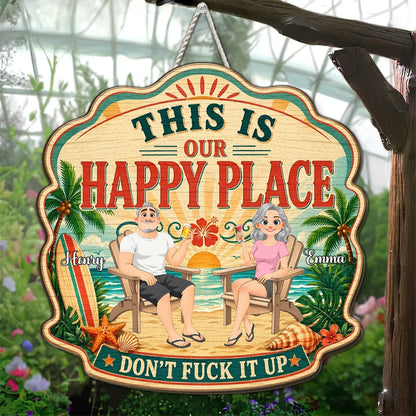 Personalized Wooden Sign With Tropical Happy Place Beach Lounge Scene, Unique Creative Gift for Couple