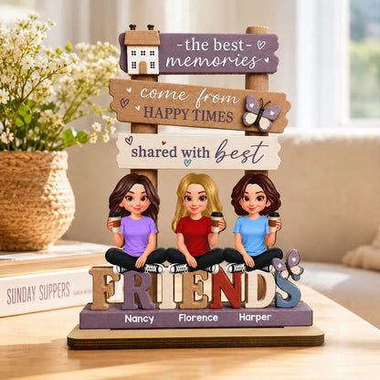Personalized 2-Layer Wooden Plaque, Sitting Friends with Coffee, Unique Gift for Close Friends
