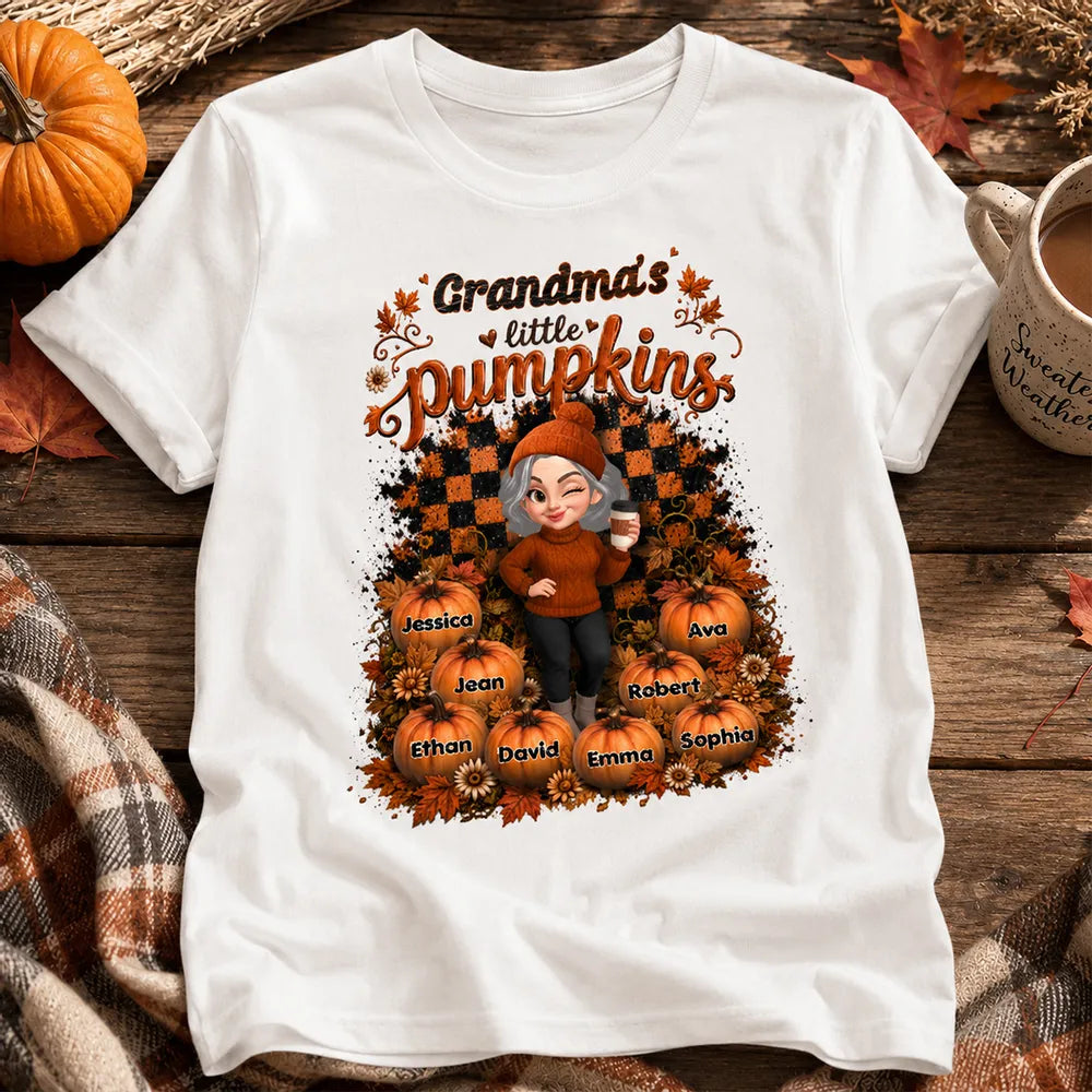 Personalized Classic Tee, Cartoon Grandma With Coffee, Fall Pumpkin Patch, Unique Creative Gift For Grandma