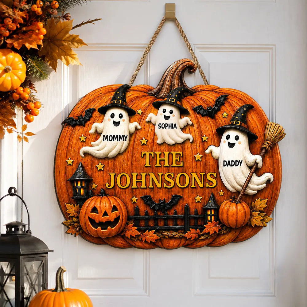 Personalized Wooden Sign With Cute Ghost Family & Pumpkin Decor, Unique Creative Gift For Family