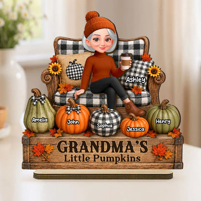 Personalized 2-Layer Wooden Plaque, Seated Grandma & Little Pumpkins Fall Decor, Unique Gift for Grandma