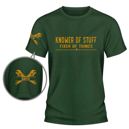 Dual Print Classic Tee, Knower of Stuff Fixer of Things, Personalized Tool Shirt, Unique Gift for Him