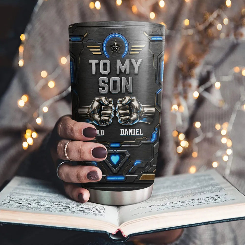 Personalized Insulated Travel Tumbler for Son, Dad Quote with Blue Neon Fists, Unique Creative Gift