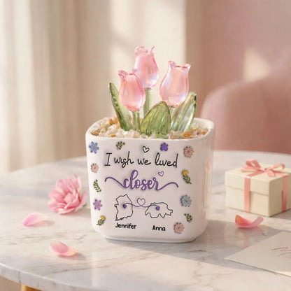 Personalized Square Glass Planter With Purple Tulips, I Wish We Lived Closer, Unique Gift For Friend