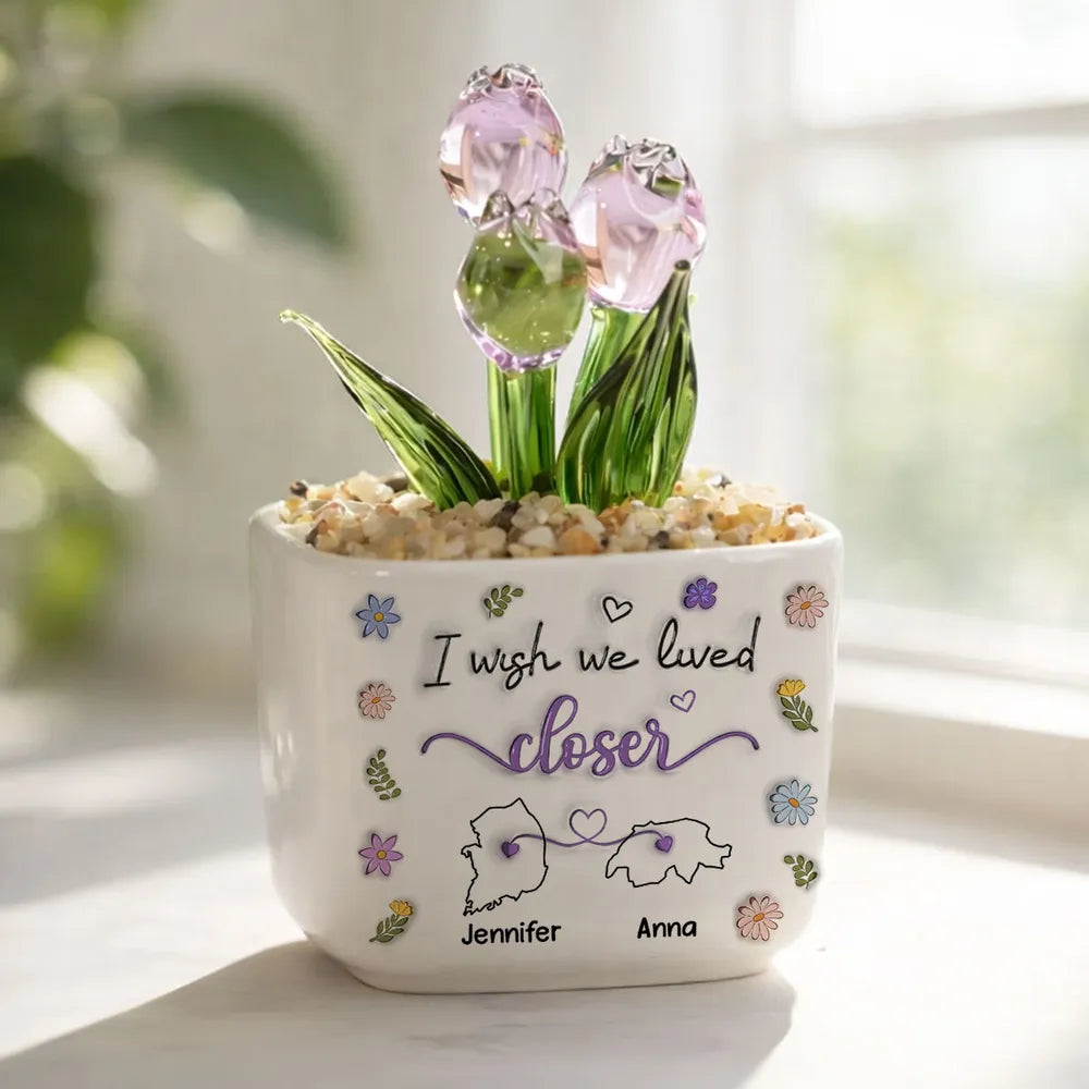 Personalized Square Glass Planter With Purple Tulips, I Wish We Lived Closer, Unique Gift For Friend