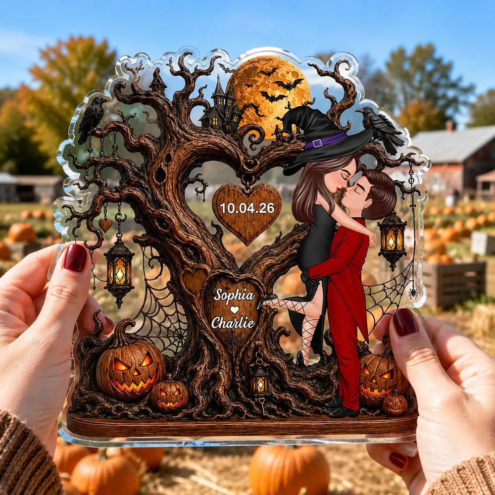 Personalized Acrylic Block Plaque, Halloween Heart Tree Couple Kissing Scene, Unique Creative Gift for Couple