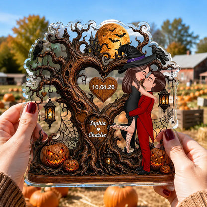 Personalized Acrylic Block Plaque, Halloween Heart Tree Couple Kissing Scene, Unique Creative Gift for Couple