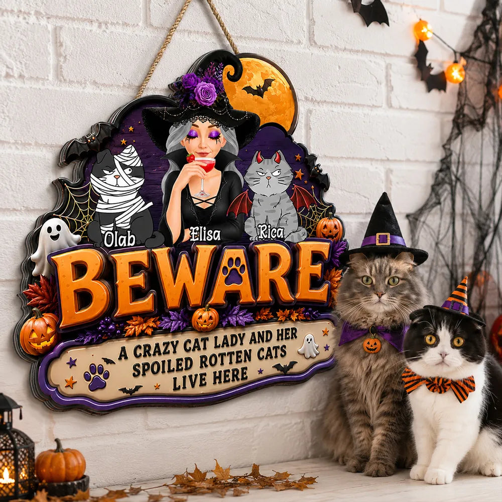 Personalized Wooden Sign, Crazy Cat Lady Halloween Witch & Cats Decor, Unique Creative Gift for Cat Lovers