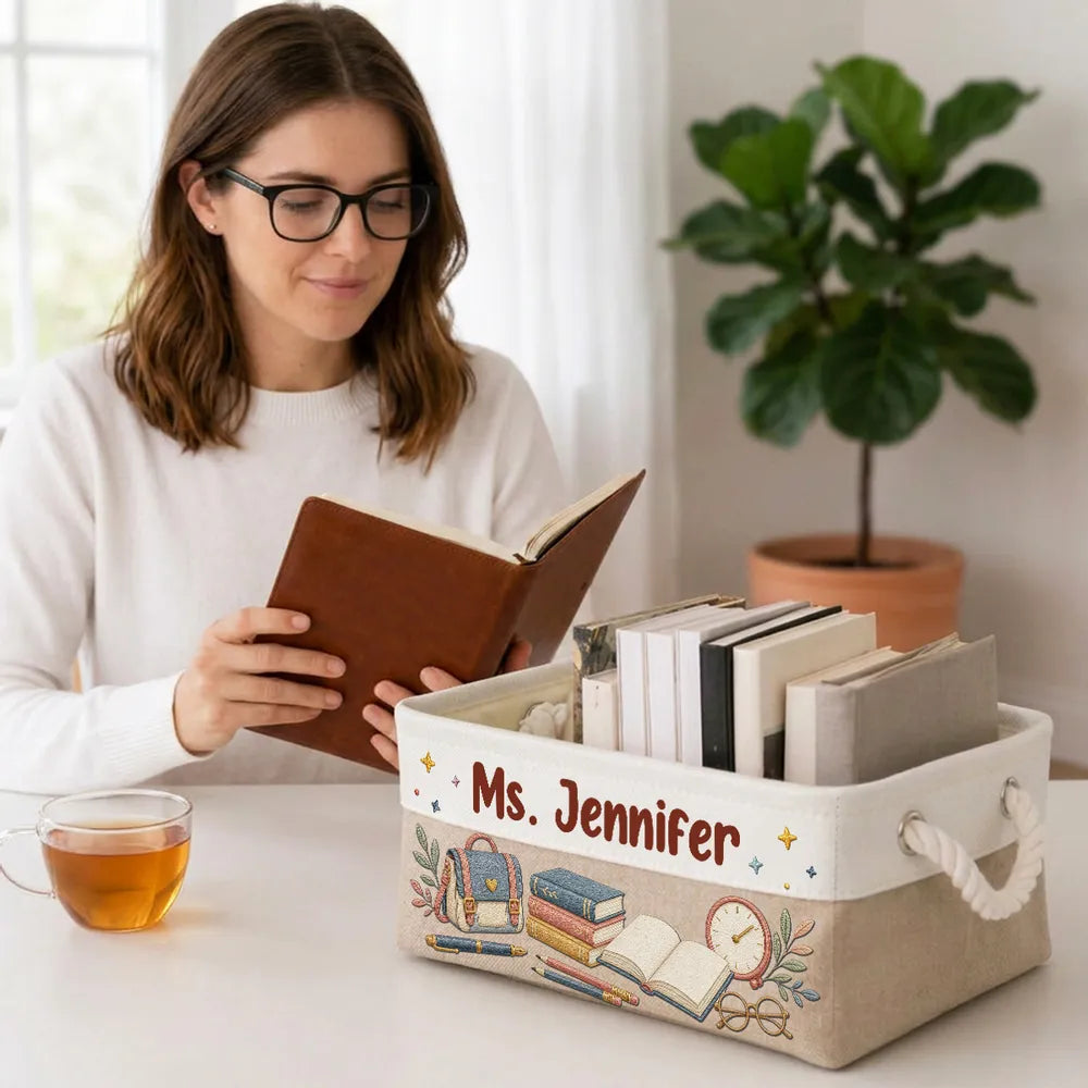 Personalized Rope Basket for Teacher, Soft Pink Book Desk Storage with School Illustration, Unique Gift