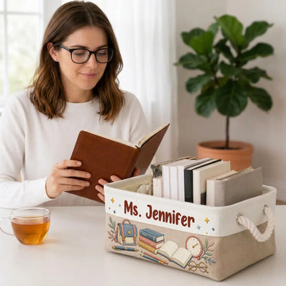 Personalized Rope Basket for Teacher, Soft Pink Book Desk Storage with School Illustration, Unique Gift