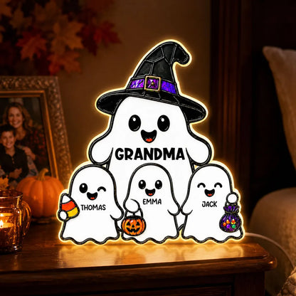 Personalized Acrylic Light Box, Cute Ghost Grandma Halloween Decor, Unique Gift With Warm Glow