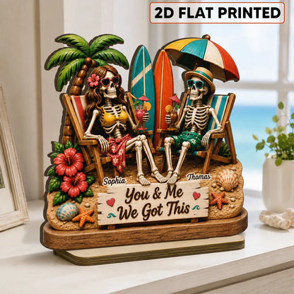 Personalized 2-Layer Wooden Plaque, Skeleton Couple Beach Scene, Unique Gift for Couples