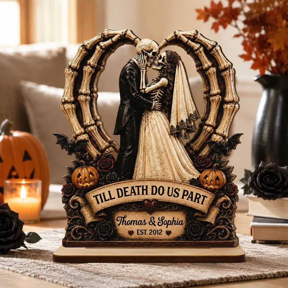 Personalized 2-Layer Wooden Plaque, Kissing Skeleton Couple Halloween Decor, Unique Gift for Couples